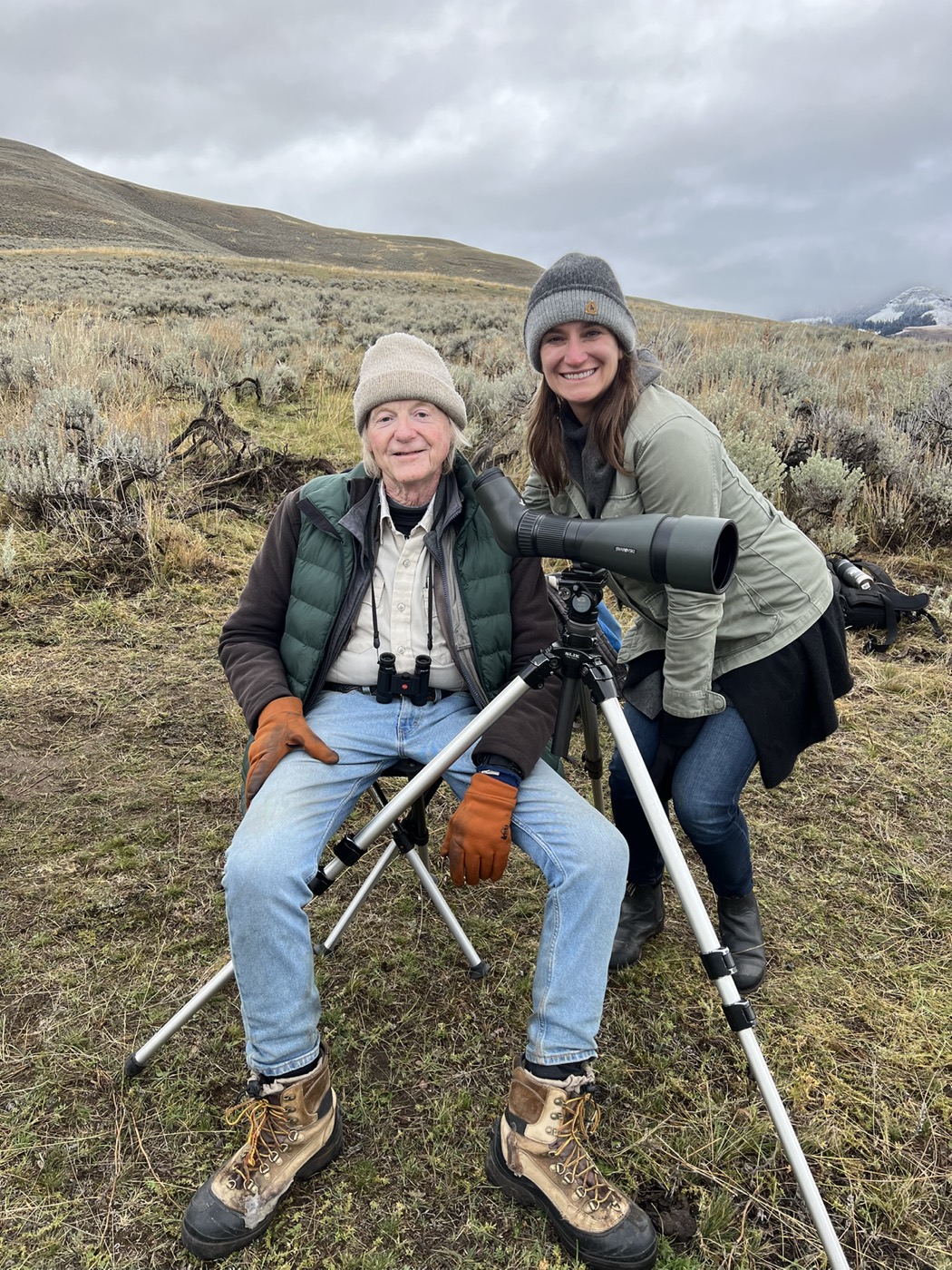 Ashley Avis with wolf naturalist Rick McIntyre in Yellowstone
