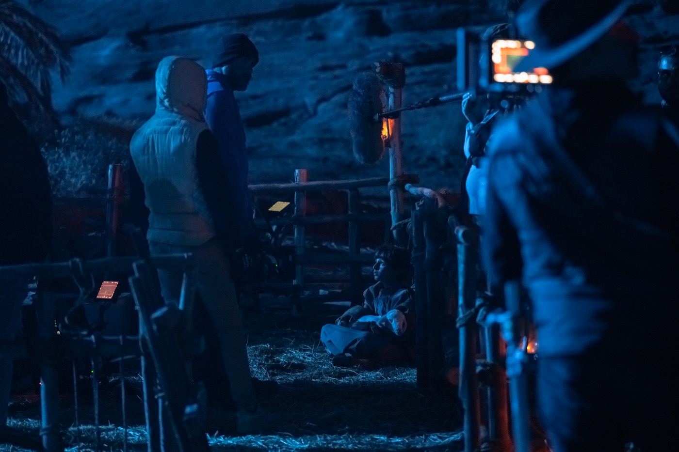 The crew filming a moonlit barn sequence for The Lamb